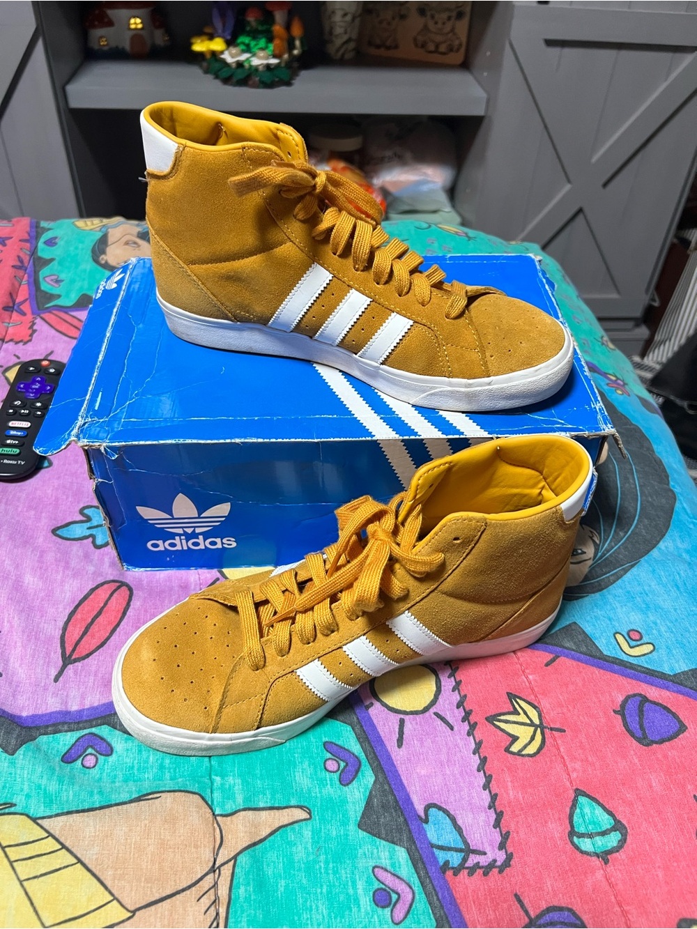 adidas Kids High-Top Sneakers in Mustard Yellow with White Stripes